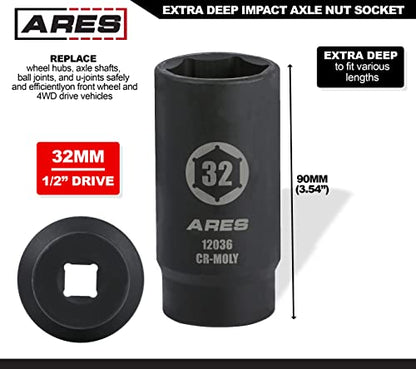 ARES 12036 32MM Axle Nut Socket, 6 Point Socket | Extra Deep 1/2-Inch Drive Impact Socket for Easy Removal of Axle Shaft Nuts - size: 32mm 6-Point