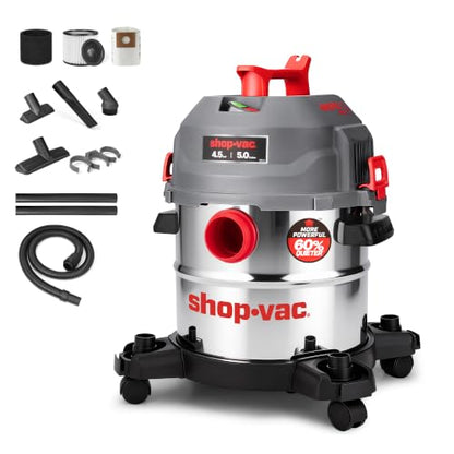 Shop-Vac 5 Gallon Ultra Quiet Shop Vacuum Wet and Dry, 4.5PHP Stainless Steel Tank Wet/Dry Vacuum with Attachments, 1-7/8 In x 7 Ft Hose, 15 Ft Cord, Ideal for Jobsite, Garage, Workshop & Home 5430542