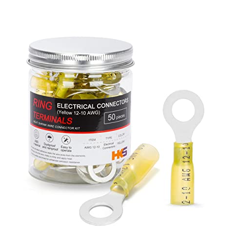 HKS 50 PCS Ring Terminals 5/16" Yellow 12-10 AWG - M8 - Electrical Connectors - Heat Shrink Wire Connector Kit - Tinned Red Copper - Automotive Marine Ring Connectors - Waterproof and Insulated - size: 5/16" (M8)