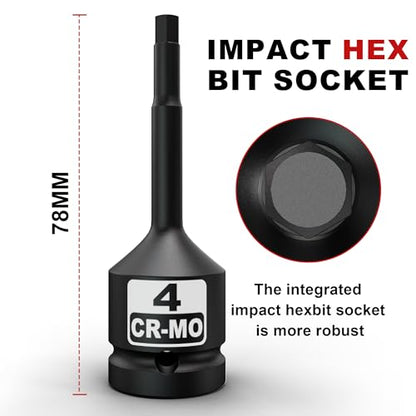 1/2" Drive 4 mm Hex Impact Bit Socket, H4 Allen Bit Socket, Metric, Cr-Mo Steel, Automotive Repair Industrial Maintenance and DIY Enthusiasts Alike - size: 1/2" H4 Deep