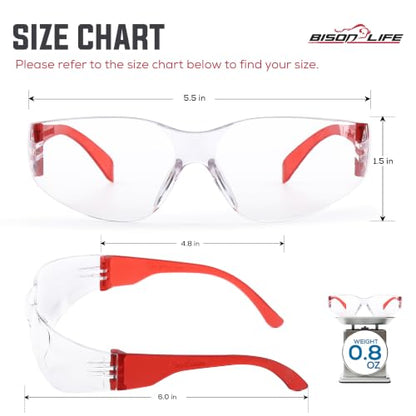 BISON LIFE Clear Safety Glasses – ANSI Z87.1 Certified Scratch & Impact Resistant Eye Protection Goggles for Men & Women - color: Clear/Red