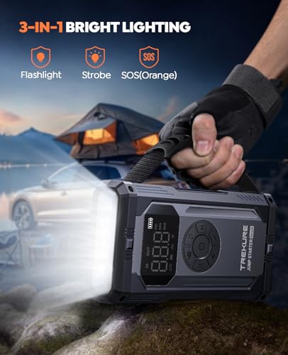 TREKURE 8-in-1 Jump Starter with Air Compressor 6000A 150PSI Portable Car Battery Jump Starter (All Gas/10L Diesel), 12V Jump Box Car Battery Jumper Starter Portable with Jumper Cables, Lights