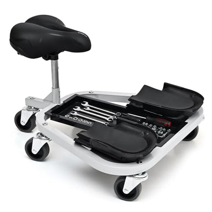 Rolling Knee Creeper with Rolling Knee Pads With Seat, 300 Pound Capacity | Heavy Duty Steel Tube Mechanic Creeper with 11 to 15 Inch Adjustable Seat Height, Tool Tray, and Rolling Knee Pads
