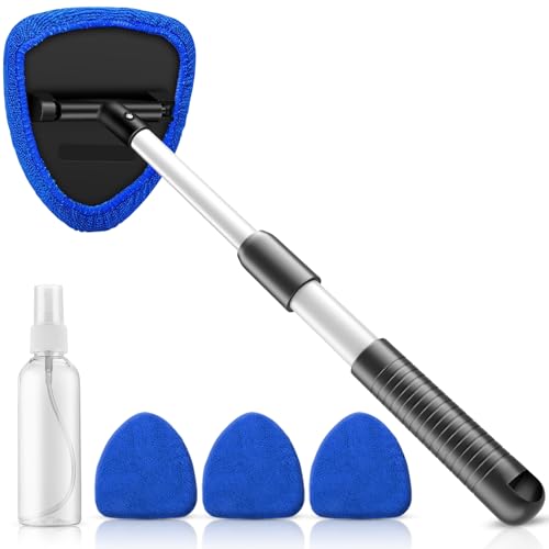 Windshield Cleaning Tool, 23-inch Extendable Handle Car Window Cleaner with 4 Reusable and Washable Microfiber Pads, Auto Glass Wiper Kit for Interior & Exterior, Ideal for Dirty Car Windows, Blue - color: Blue