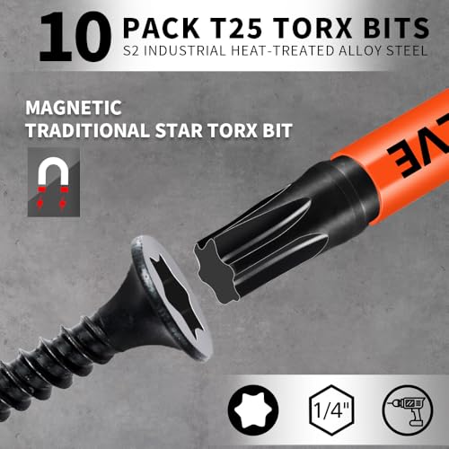 10-Pack T25 Torx Bits for Impact Driver, T-25 Torx/Star Bit Set 2'' Long, Magnetic Torque Head, Premium S2 Alloy Steel, 1/4'' Hex-Shank for Professional & DIY Use - size: 10pcs T-25 Torx Bit
