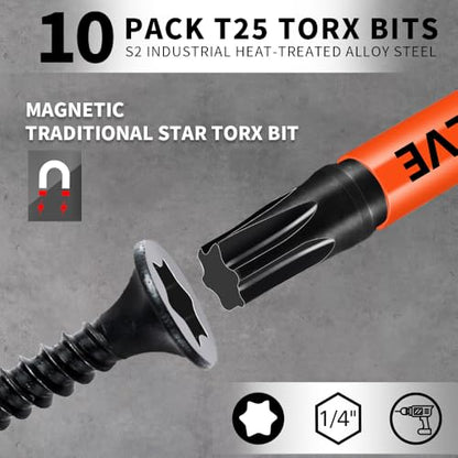 10-Pack T25 Torx Bits for Impact Driver, T-25 Torx/Star Bit Set 2'' Long, Magnetic Torque Head, Premium S2 Alloy Steel, 1/4'' Hex-Shank for Professional & DIY Use - size: 10pcs T-25 Torx Bit