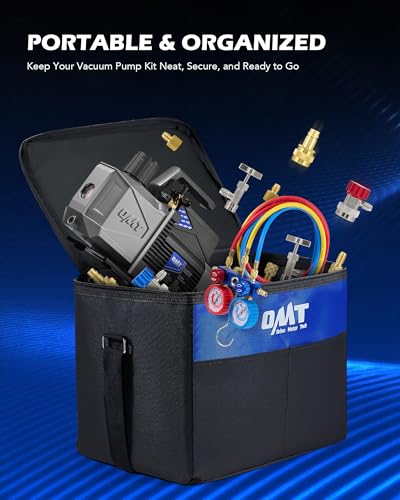 Orion Motor Tech A2L AC Vacuum Pump and Gauge Set, for R1234yf R32 R134a R410A Systems with 3.5 cfm Sparkless Ignition Proof Vacuum Pump, 3 Way AC Gauges Quick Couplers Can Taps Hoses Thermometer - size: 3.5 CFM A2L&R1234yf R32 R134a R410A