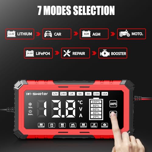 SWTsweter 16A Smart Car Battery Charger,12V/24V Maintainer & Desulfator with 200s Booster Mode - Compatible with 12.6V Lithium-Ion, LiFePO4, AGM, Gel, Lead-Acid for Truck, Motorcycle, RV, Lawn Mower