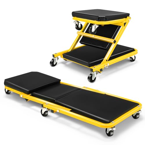 Low Profile Creeper with 6 Swivel Casters and Waterproof Seat Cushion, 36" Foldable Creeper for Garage Shop Warehouse, 2 in 1 Under Car Creeper Seat 330lbs Max Weight Capacity, Yellow