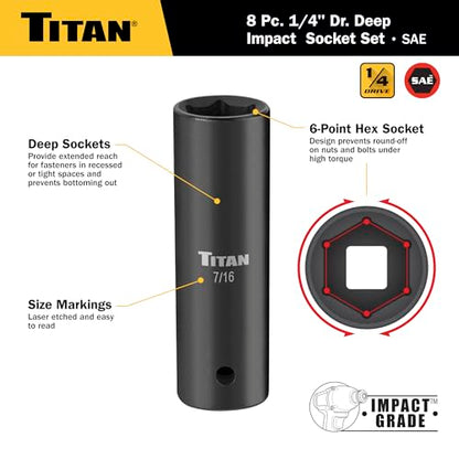 Titan 46301 8-Piece 1/4-Inch Drive SAE Deep Impact Socket Set, 6-Point, SAE Sizes 3/16 to 9/16-Inch - size: 8-Piece SAE Deep, style: 1/4-Inch Drive