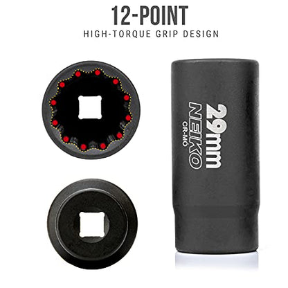 NEIKO 02521A 29mm Socket | 1/2” Drive Deep Impact Socket | Spindle & Axle Nut Socket | 12 Point |Chrome Molybdenum Cr-Mo |Deep Well Hub | Triple Square | Axle Shaft Nut Remover - size: 29 mm (Single)