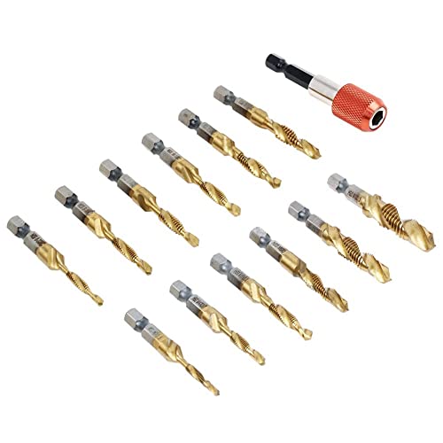 13 Pack Titanium Drill Tap Bit Set, SAE Metric Tap Drill Bits for Metal | Combination Tap Drill Bits for Drilling, Tapping, Deburring and Countersinking Screw Thread with Quick Change Bit Holder