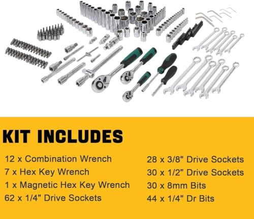 216 Piece Mechanics Tool Socket Set, Comprehensive Auto Repair Tool Kit with Ratchet Wrenches, Combination Wrenches, Screwdriver Bits, Storage Blow Mold Case for Car Motorcycle Household Maintenance