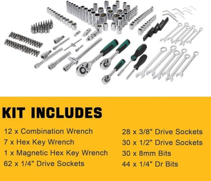216 Piece Mechanics Tool Socket Set, Comprehensive Auto Repair Tool Kit with Ratchet Wrenches, Combination Wrenches, Screwdriver Bits, Storage Blow Mold Case for Car Motorcycle Household Maintenance