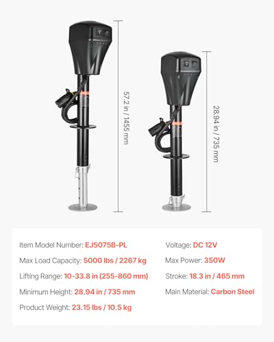 VEVOR Electric Trailer Jack, 5000 lbs, Heavy Duty RV Electric Power Tongue Jack with 7-pin Connector, Manual Crank Handle & Weatherproof Jack Cover, 10"-28.3" Lift, for Trailers, Campers & RVs, Black