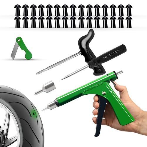 GRAND PITSTOP Tubeless Tire Gun Puncture Repair Kit with Mushroom Plug for Tyre Punctures and Flats on Cars, Motorcycles, ATV, Trucks & Tractors (Gun Puncture Kit 30 Plugs) - color: Gun Kit+ 30 Plugs, size: Gun Kit + 30 Plugs