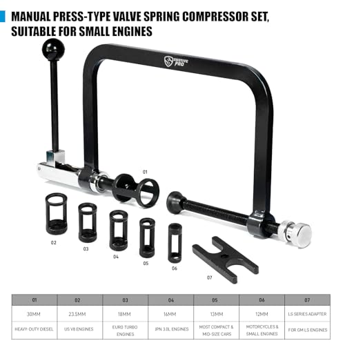 SMOTIVEPRO Heavy Duty 8-Piece Valve Spring Compressor & Removal Tool Kit | 7 Pusher Adapters for Easy Valve Spring Compression on LS Series & Small Engines