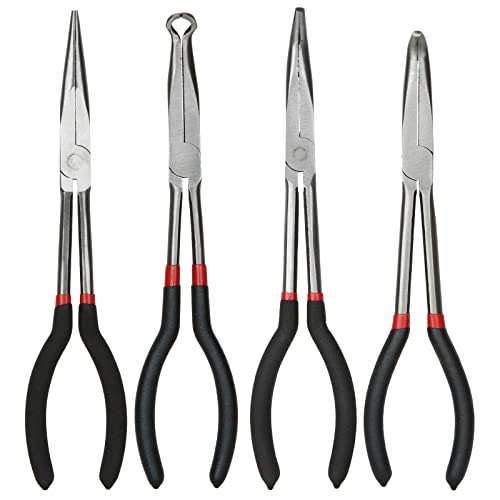 4 Pack Needle Nose Pliers Set, 11 inch Long Reach Plier, Straight Needle Noses Plier, 45 & 90 Degree Angle Curved Needle Nose Pliers,Spark Plug Removal Tool