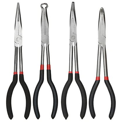4 Pack Needle Nose Pliers Set, 11 inch Long Reach Plier, Straight Needle Noses Plier, 45 & 90 Degree Angle Curved Needle Nose Pliers,Spark Plug Removal Tool