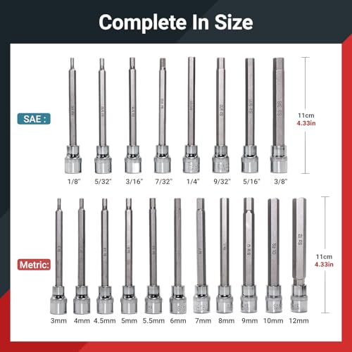 3/8 Inch Drive Extra Long allen hex bit socket set, 19-Piece Standard SAE & Metric Allen socket set, CR-V and S2 Steel (Allen Hex Bit), Automobile repair tools