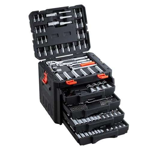 VEVOR 297 PCS Mechanic Tool Set with 4-Drawer Tool Box 1/4" 3/8" 1/2" Drive | SAE & Metric Socket Set, Car and Motorcycle Tool Kit with Combination Wrenches, Bits, Ratchets, Spark Plug Sockets - size: 1/4"&3/8"&1/2", style: 297 PCS