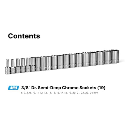 Capri Tools 3/8 in. Drive Semi-Deep Chrome Sockets Set, 6-Point, 6 to 24 mm, 19-Piece - size: Semi-Deep Set / 6-24 mm