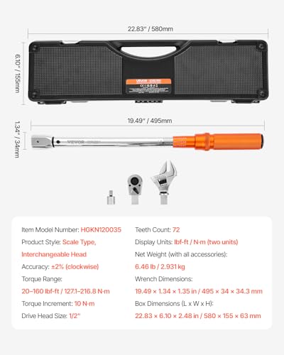 VEVOR Adjustable Torque Wrench 1/2 Inch Drive, 20-160Ft.lb/27.1-216.8Nm, 38MM Open End, 3/8 Inch Drive Torque Wrench with Interchangeable Jaw & Ratchet Head for HVAC, Car, Moto, Narrow Pipeline - size: 20-160FT.LB, style: 1/2-Inch