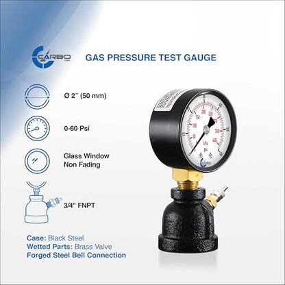 Gas Test Pressure Gauge 60 Pound, 60 PSI / 400 kPa, 3/4” FNPT Connection, Brass Valve, Forged Steel Bell Shape Body Assembly. - size: 3/4" FNPT 0-60 psi, style: Steel Black