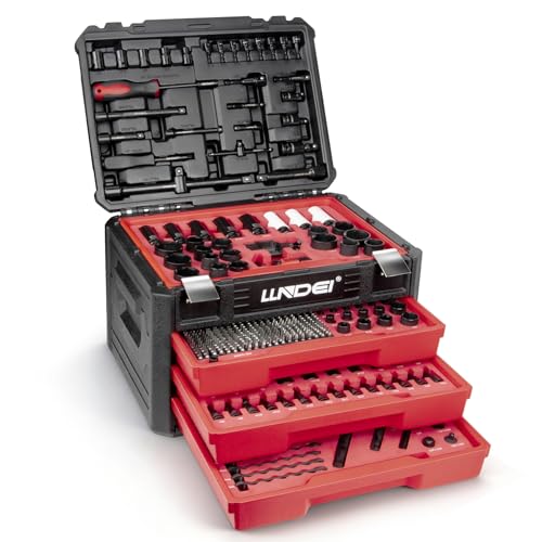 LLNDEI Mechanics Tool Set and Socket Set, 1/4" 3/8" 1/2" Drive Deep and Standard Sockets 12 Point, 390 Pcs SAE and Metric Mechanic Tool Kit with Bits, Combination Wrench