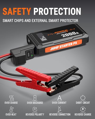 Powrun P-X Jump Starter, 2000A Portable Jump Box - Car Jump Starter Battery Pack for up to 6.0L Gas and 5.0L Diesel Engines, 12V Battery Jump Starter with Carry Bag