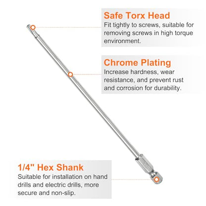 HARFINGTON 2pcs T15 Security Torx Bit 1/4" Hex Shank 6" Long S2 Steel Magnetic Tamper Resistant Star Bits Screwdriver Torx Head with Hole for Driver Drill Bits Remove Fastening Screws - size: T15