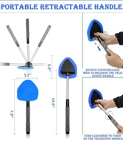 Car Windshield Cleaner Tool with Reusable Microfiber Pads Extendable Handle(1, Blue) - color: Blue