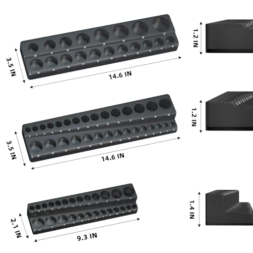 Magnetic Socket Organizer Holder Set – 3-Piece Tool Organizers Including 1/4", 3/8" and 1/2" Drive Socket Holder Metric 68 Pieces Socket Trays (Sockets are not Included) Black - color: Black
