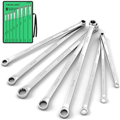 SWANLAKE GARDEN TOOLS 8-Piece Extra Long Double Box-End Wrench Set, Premium 12-Point Metric 8–24 mm, CR-V Steel, 15° Offset, Off-Corner Loading, with Tool Roll Bag