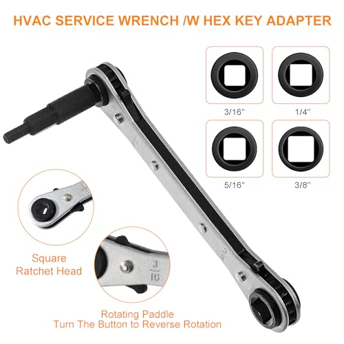 HVAC Service Wrench Set, 4-in-1 Refrigeration Ratchet Wrench with Hex Bit Adapter, Professional AC Service Tools for Air Conditioning Repair & Compressor Valve Maintenance, 3/8" to 1/4" 5/16" 3/16"
