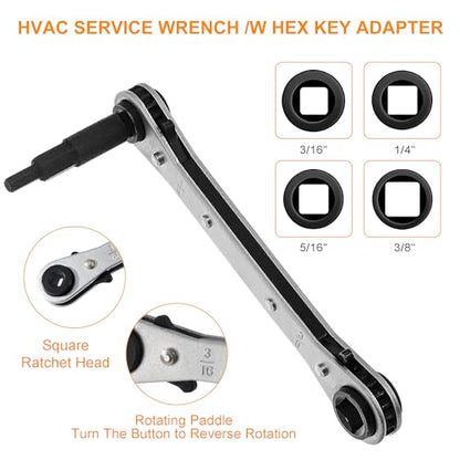 HVAC Service Wrench Set, 4-in-1 Refrigeration Ratchet Wrench with Hex Bit Adapter, Professional AC Service Tools for Air Conditioning Repair & Compressor Valve Maintenance, 3/8" to 1/4" 5/16" 3/16"