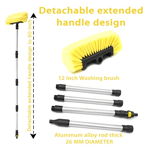 Forgrace 60" Car Wash Brush with Long Handle, Yellow, | Tri-Level Dip Auto Cleaning, |Extendable Handle, |12" Soft Bristle for Car, RV, Boat, Solar Panel, Deck Washing, House Side - color: Yellow With Handle