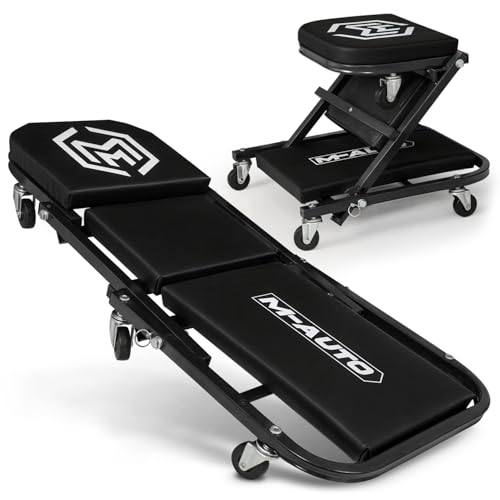 M-AUTO Foldable Z Creeper 2-in-1 Rolling Folding Car Creeper & Seat, 36" Adjustable Roller Garage Chair Lay Down or Sit, 330LBS Capacity Under Car Roller Creeper with 6 Swivel Casters, Black - color: Black, size: 36"