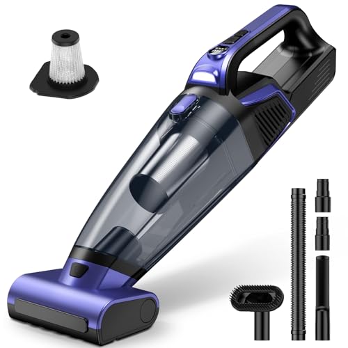 Pet Hair Handheld Vacuum Cordless: 20000PA High Power Car Vacuum with Motorized Brush and LED Light, Rechargeable Hand Held Vacuum Cleaner with Reusable Filter for Car, Home, Office & Pet, Purple - color: Purple