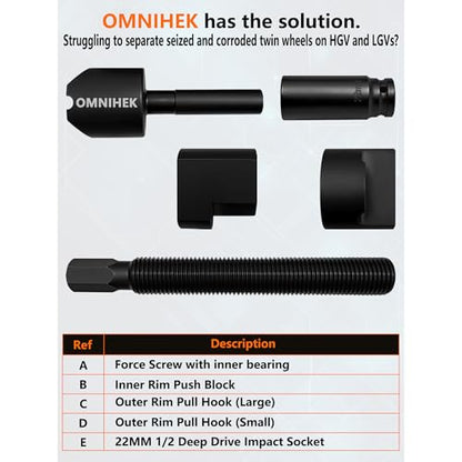 5PC Dual Wheel Separator Tool Kit – 11 Threads One-Piece Pusher Kit with 22mm Deep Impact Socket (1/2" Drive) – for Trucks, Buses, Vans, Trailers, HGV & LCV Twin Wheels, Includes Gloves & Instructions