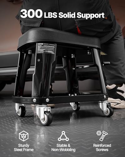 VEVOR Mechanic Stool, 300 lbs Capacity, Black, Industrial Style, Plastic Seat, Wheels, 360 Swivel, Tool Tray, Screwdriver Rack - color: Black