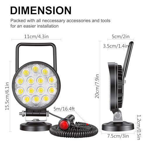 SKYWORLD Magnetic Mount LED Work Light, 2PCS 4 Inch 42W Round Flood Off Road Driving Fog Lamp 12V 24V with Portable Magnetic Base Holder for Truck Tractor Trailer Car Boat Engineering Vehicle - size: 2Pcs 4 Inch 42W Flood