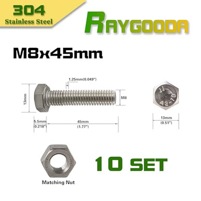 M8-1.25x45mm Hex Bolt and Nut Kit 10set, 304 Stainless Steel (A2-70), Full Thread, Bright Finish, Machine Threaded for Automotive, Machinery, DIY - size: M8x45mm(10 Sets）