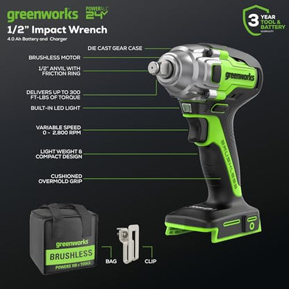 Greenworks 24V Brushless 1/2" Cordless Impact Wrench (3 Speed / 300 ft.-lbs. / LED Light), 4.0Ah Battery and Compact Charger Included - size: 300 ft.-lbs., style: w/4Ah Battery
