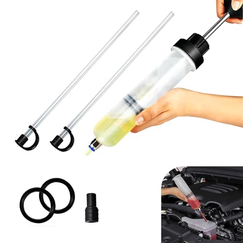 Power Steering Fluid Extractor, 200CC Manual Extraction Liquid Pump, Transmission Oil Suction Pump with 2 Hoses, Universal Oil Syringe for Most Cars (White)