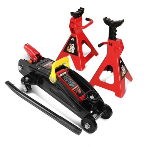 Auto Dynasty 2 Ton Floor Jack with Jack Stands, Heavy Duty Steel Hydraulic Racing Floor Jack with Single Piston Quick Lift Pump, Hydraulic Trolley Service Car Jack, Red/Black - color: Red/Black