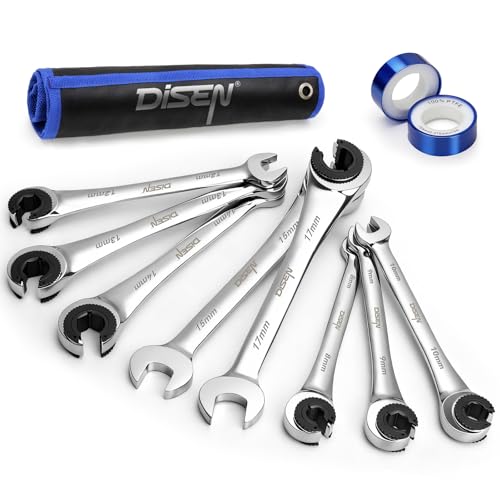 DISEN 8PCS Flare Nut Wrench Set Brake Line Ratcheting Wrench Set | Metric 8-17mm, CR-V Steel with Organizer Pouch, Father's Gift - style: 10PCS Flare Nut Ratcheting Wrench Set
