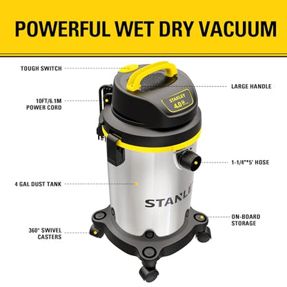 Stanley - SL18129 Wet/Dry Vacuum, 4 Gallon, 4 Horsepower, Stainless Steel Tank Silver+yellow