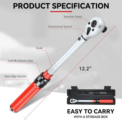 Auto Dynasty 1/2 Inch Dual-Scale Reversible Ratchet Wrench Set 5-45ft.lb/6.78-61.0 n.m with Quick Release and Accurate Torque Control - Perfect for Cars, Bikes, and Machinery Maintenance - size: 1/2 Inch-45ft.lb