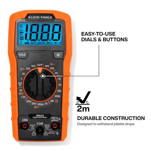 Klein Tools 80196 Digital Multimeter Kit with Case, Manual-Ranging 600V AC/DC Voltage Tester, Tests Batteries, Current, Resistance, Diodes, and Continuity, Protective Carrying Case - size: Manual-Ranging w/Case